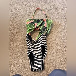 Women’s Two-Tone Tropical & Stripe One-Piece Swimsuit - Green/Coral/Black